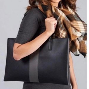 Vince Camuto | Black Leather Gray Stripe Shoulder Carry Tote Bag | Pebble Camuto